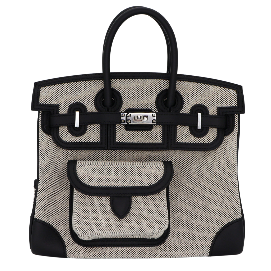 Hermes25cm Birkin Cargo Ecru/ Black Canvas/ Swift Leather Palladium Hardware