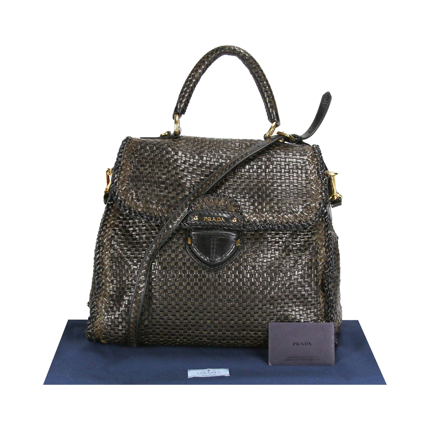 Prada Madras Woven Black/Khaki Goatskin Luxury Handbag
