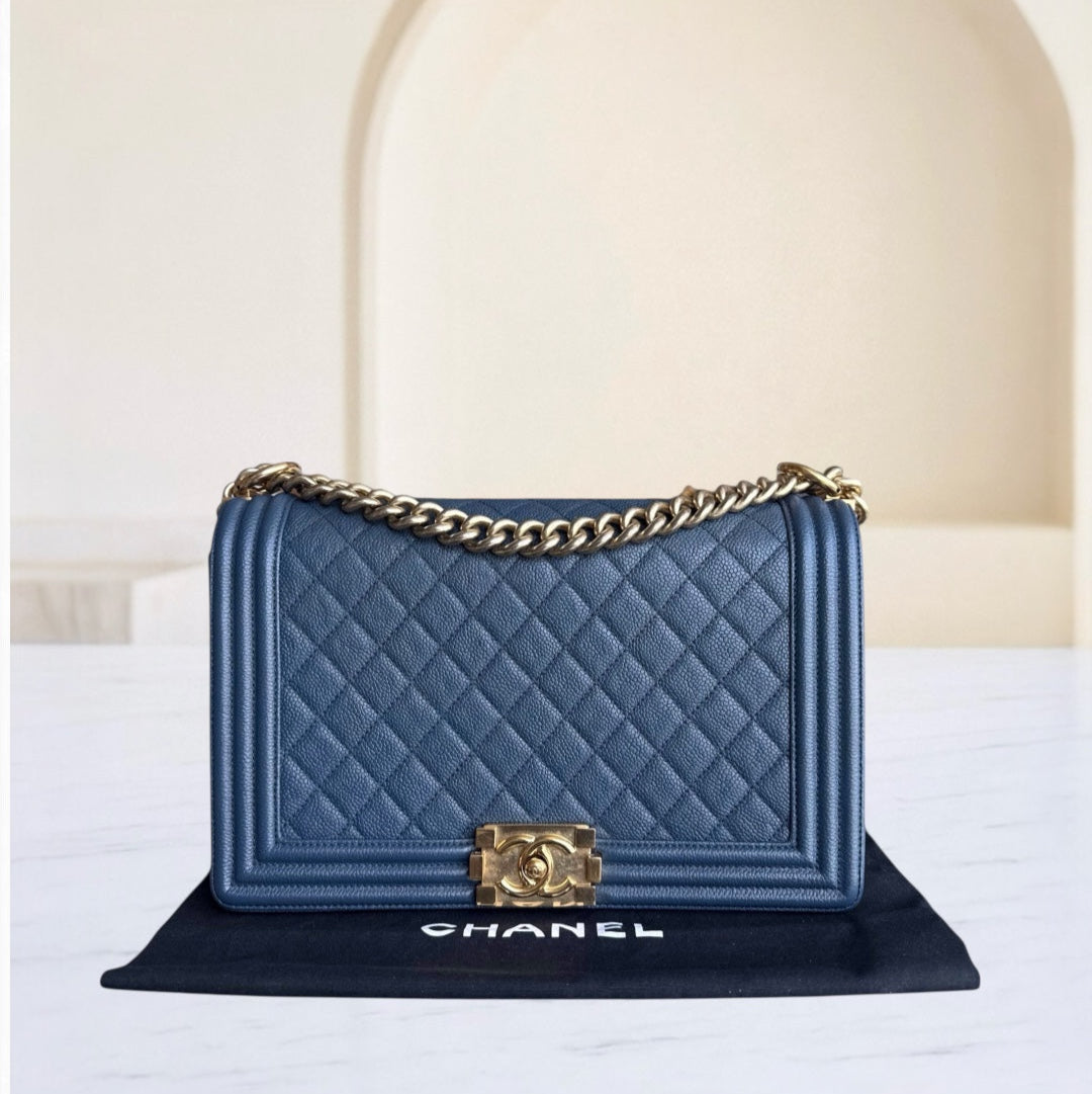 Chanel Boy New Medium - Caviar 28CM Quilted Grained Calfskin Blue Gold Hardware Series 23