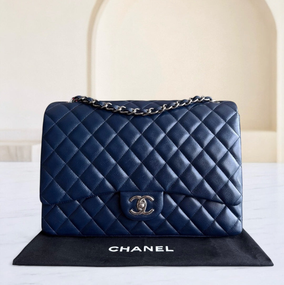 Chanel Classic Flap Maxi - Caviar Double Flap Quilted Grained Calfskin Dark Navy Blue Silver Hardware Series 15