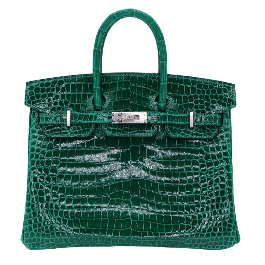 Hermes25cm Birkin Vert Emeraude Shiny Porosus Crocodile Palladium Hardware
