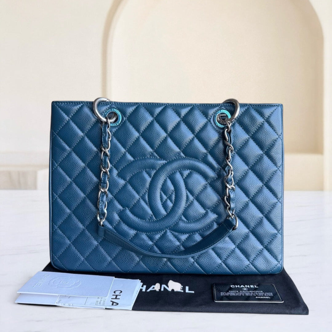 Chanel GST Grand Shopping Tote - Caviar Quilted Grained Calfskin Blue Silver Hardware Series 17