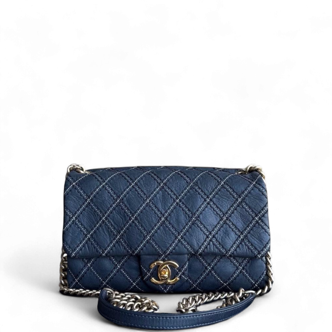 Chanel Seasonal Flap - Quilted Wild Stitch Calfskin Dark Navy Blue Gold Hardware Series 19