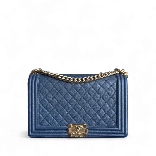 Chanel Boy New Medium - Caviar 28CM Quilted Grained Calfskin Blue Gold Hardware Series 23