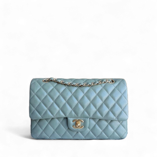Chanel Classic Flap Medium - Caviar 25CM Quilted Grained Calfskin Light Blue Green Gold Hardware Series 25