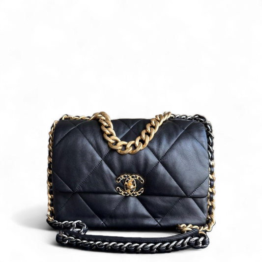 Chanel 19 Bag C19 Medium - Quilted Goatskin Black Two-Tone Gold Hardware Microchip