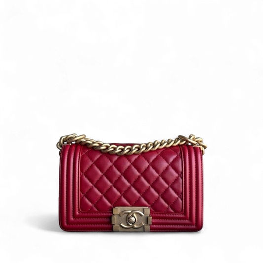 Chanel Boy Small - Quilted Lambskin Dark Red Gold Hardware Series 24