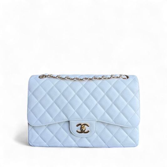 Chanel Classic Flap Jumbo - Caviar Double Flap Quilted Grained Calfskin White Gold Hardware Series 14
