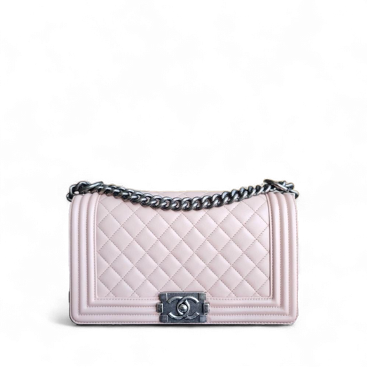 Chanel Boy Medium - Quilted Lambskin Light Sakura Pink Ruthenium Silver Hardware Series 23