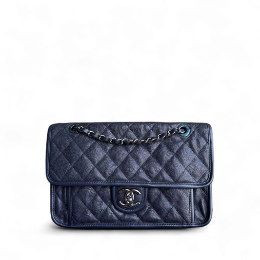 Chanel French Riviera - Caviar Quilted Grained Calfskin Dark Navy Blue Silver Hardware Series 19