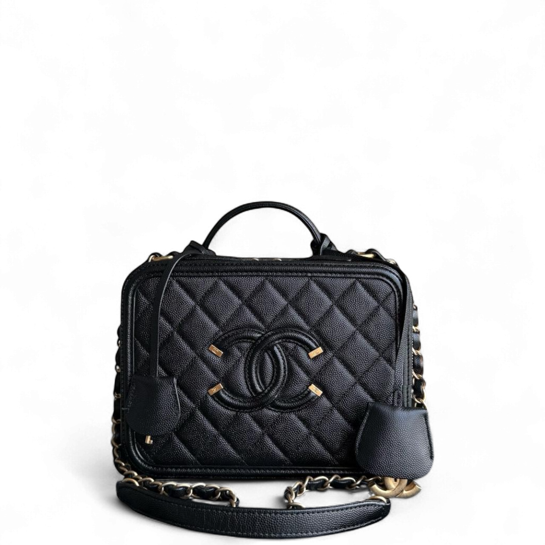 Chanel Filigree Vanity Case Medium - Caviar Quilted Grained Calfskin Black Gold Hardware Series 24