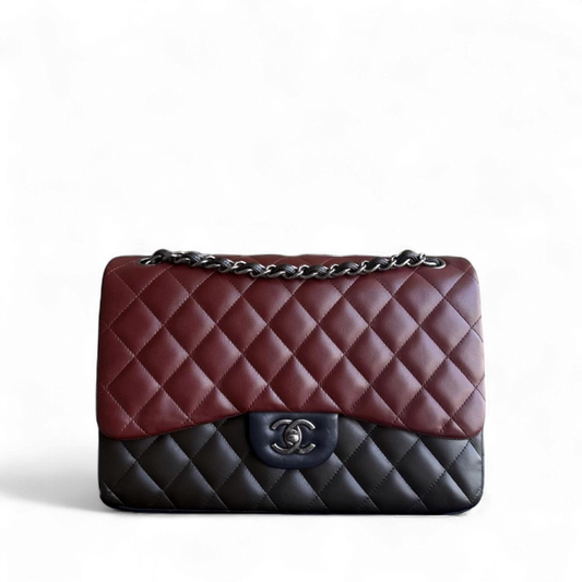 Chanel Classic Flap Jumbo - Quilted Lambskin Bi-Color Burgundy Black Silver Hardware Series 18