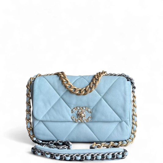 Chanel 19 Bag Small - Quilted Goatskin Light Blue Two-tone Gold Hardware Microchip