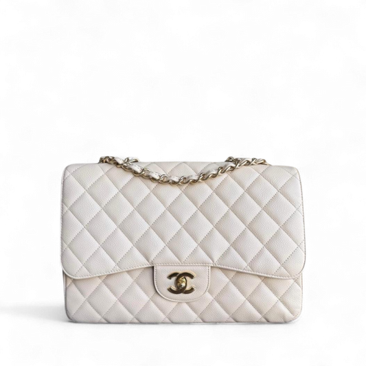 Chanel Classic Flap Jumbo - Caviar Quilted Grained Calfskin Light Beige Gold Hardware Series 13
