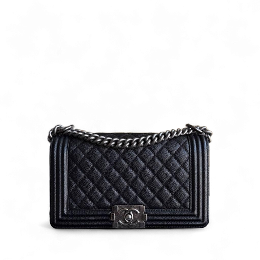 Chanel Boy Medium - Caviar Quilted Grained Calfskin Black Ruthenium Silver Hardware Series 20