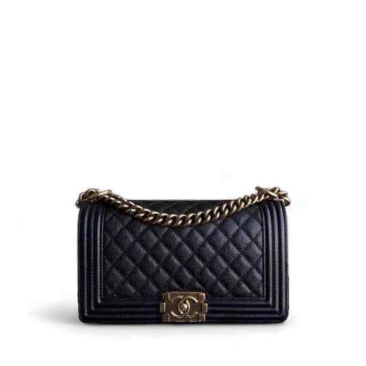 Chanel Boy Old Medium - Caivar Quilted Grained Calfskin Black Ruthenium Gold Hardware Series 19