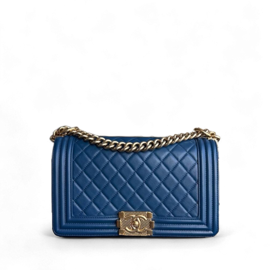 Chanel Boy Old Medium - Quilted Lambskin Blue Gold Hardware Series 23
