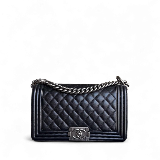 Chanel Boy Medium - Caviar 25CM Quilted Grained Calfskin Black Ruthenium Silver Hardware