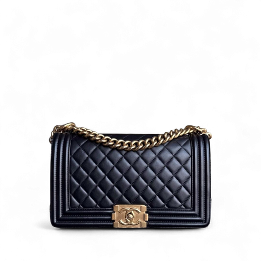 Chanel Boy Medium - 25CM Quilted Lambskin Black Gold Hardware