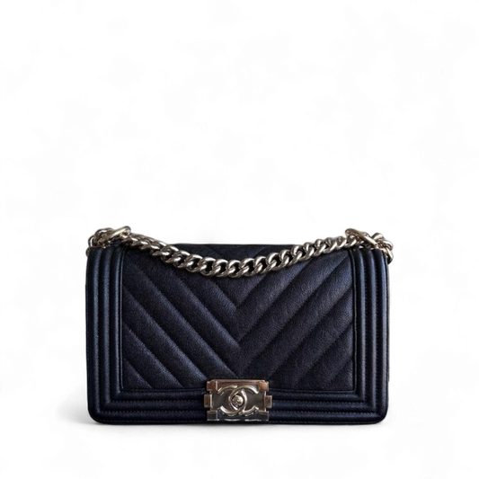 Chanel Boy Medium - Caviar 25CM Chevron Grained Calfskin Black Gold Hardware Series 28