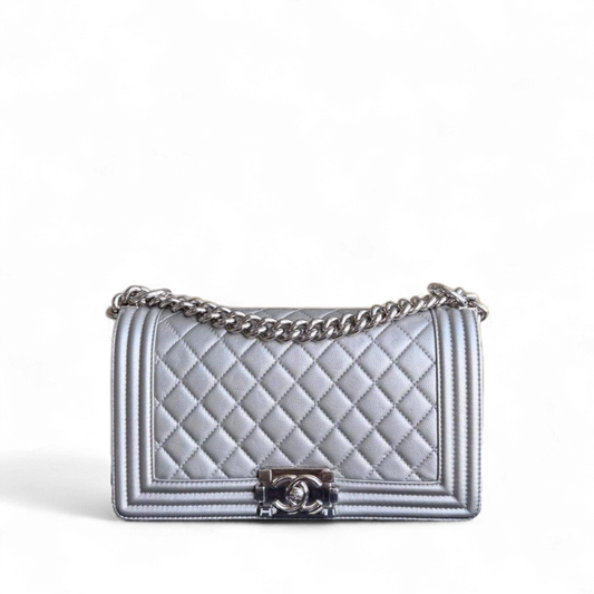 Chanel Boy Medium - Caviar 25CM Quilted Grained Calfskin Iridescent Silver Hardware Sereis 24