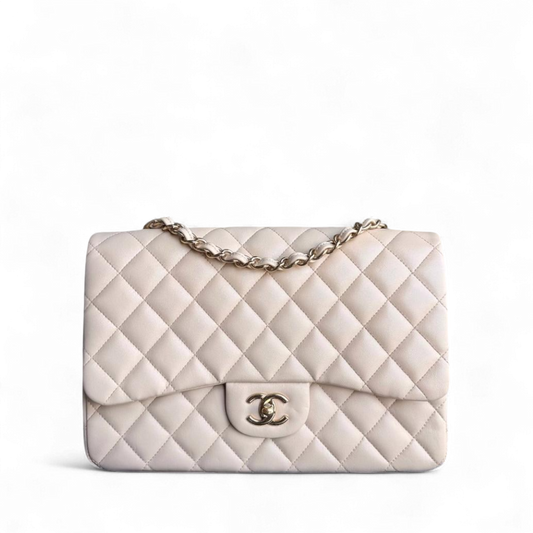 Chanel Classic Flap Jumbo - 30CM Quilted Lambskin Single Flap Light Beige Gold Hardware Series 14