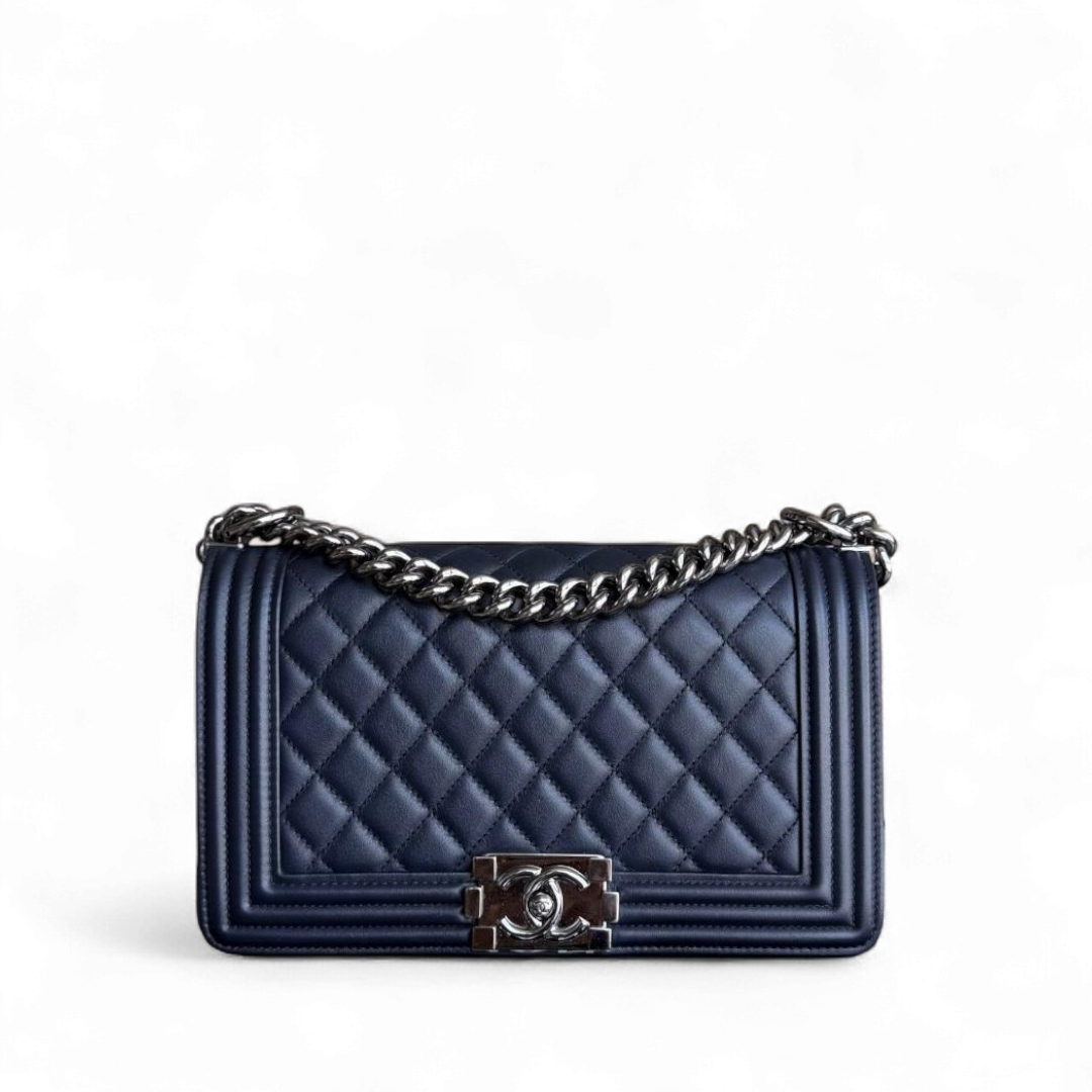 Chanel Boy Medium - 25CM Quilted Calfskin Dark Midnight Blue Silver Hardware Series  20