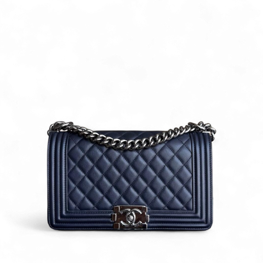 Chanel Boy Medium - 25CM Quilted Calfskin Dark Midnight Blue Silver Hardware Series  20