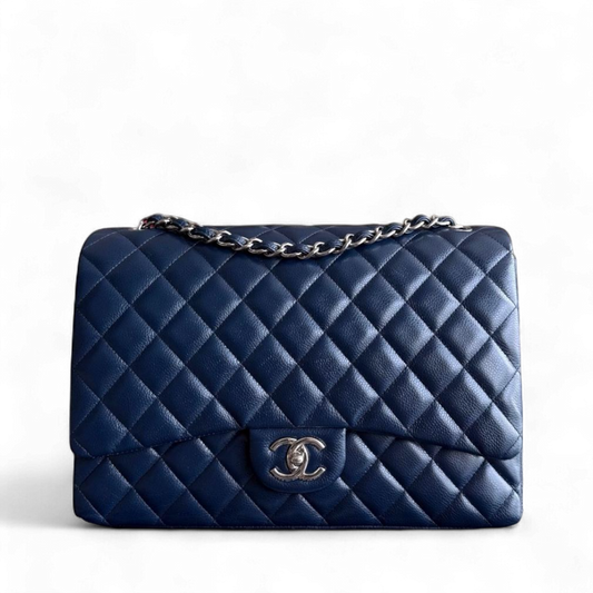 Chanel Classic Flap Maxi - Caviar Double Flap Quilted Grained Calfskin Dark Navy Blue Silver Hardware Series 15