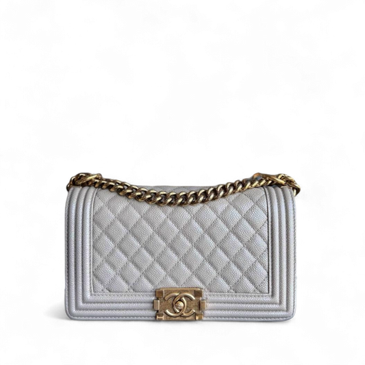 Chanel Boy Medium - Caviar 25CM Quilted Grained Calfskin Grey Gray Gold Hardware Series  20