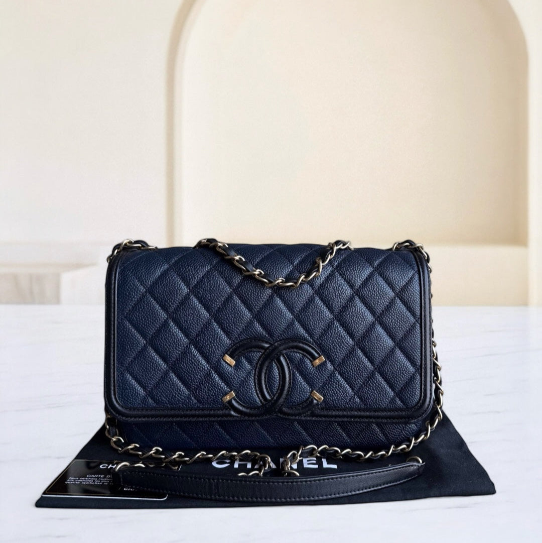 Chanel Filigree CC Medium - Caviar Quilted Grained Calfskin Dark Navy Blue Black Gold Hardware Series 22