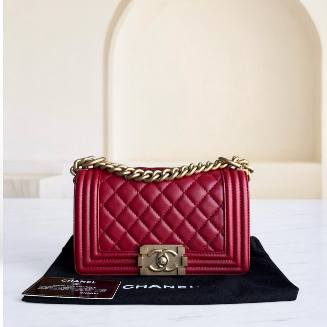 Chanel Boy Small - Quilted Lambskin Dark Red Gold Hardware Series 24