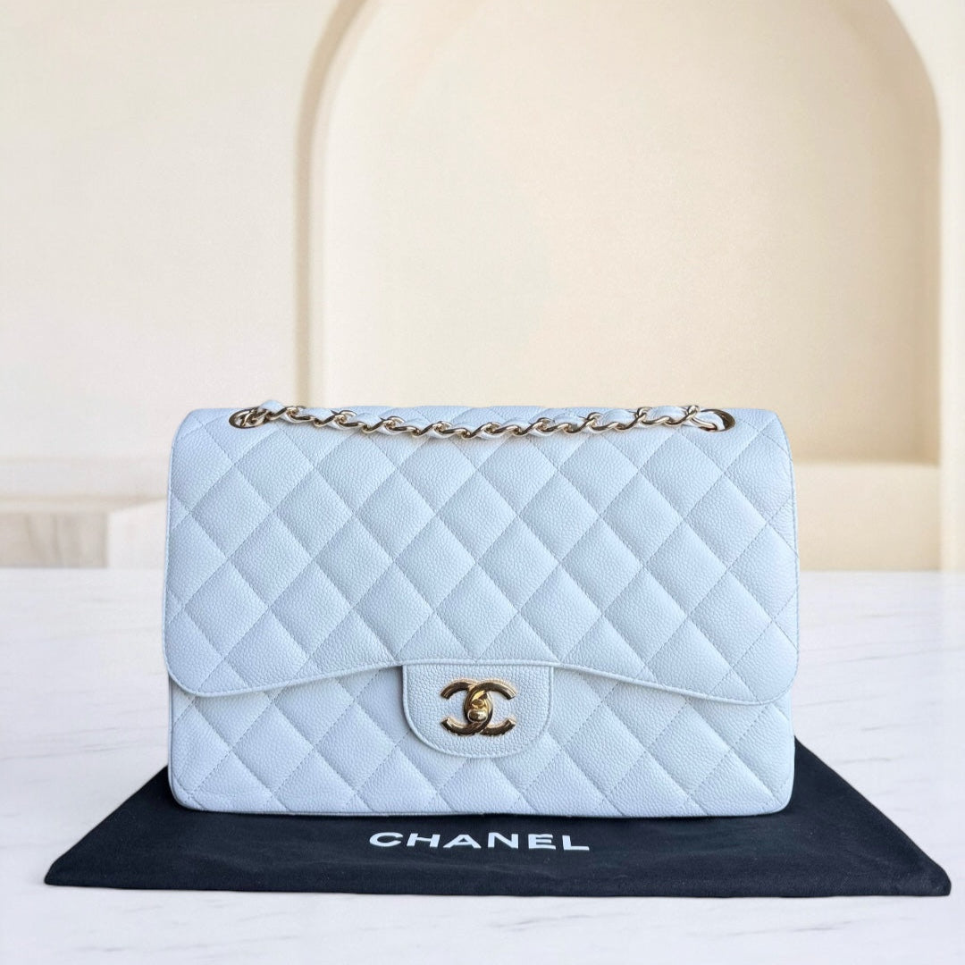 Chanel Classic Flap Jumbo - Caviar Double Flap Quilted Grained Calfskin White Gold Hardware Series 14