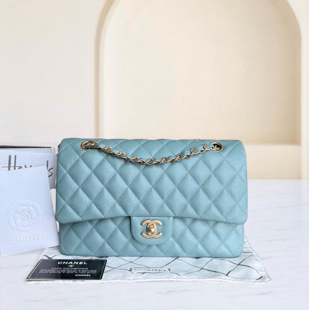 Chanel Classic Flap Medium - Caviar 25CM Quilted Grained Calfskin Light Blue Gold Hardware Series 25