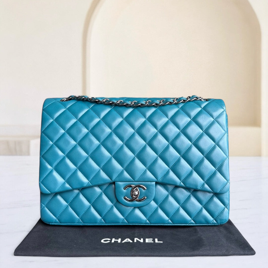 Chanel Classic Flap Maxi - Double Flap 33CM Quilted Lambskin Blue Silver Hardware Series 15