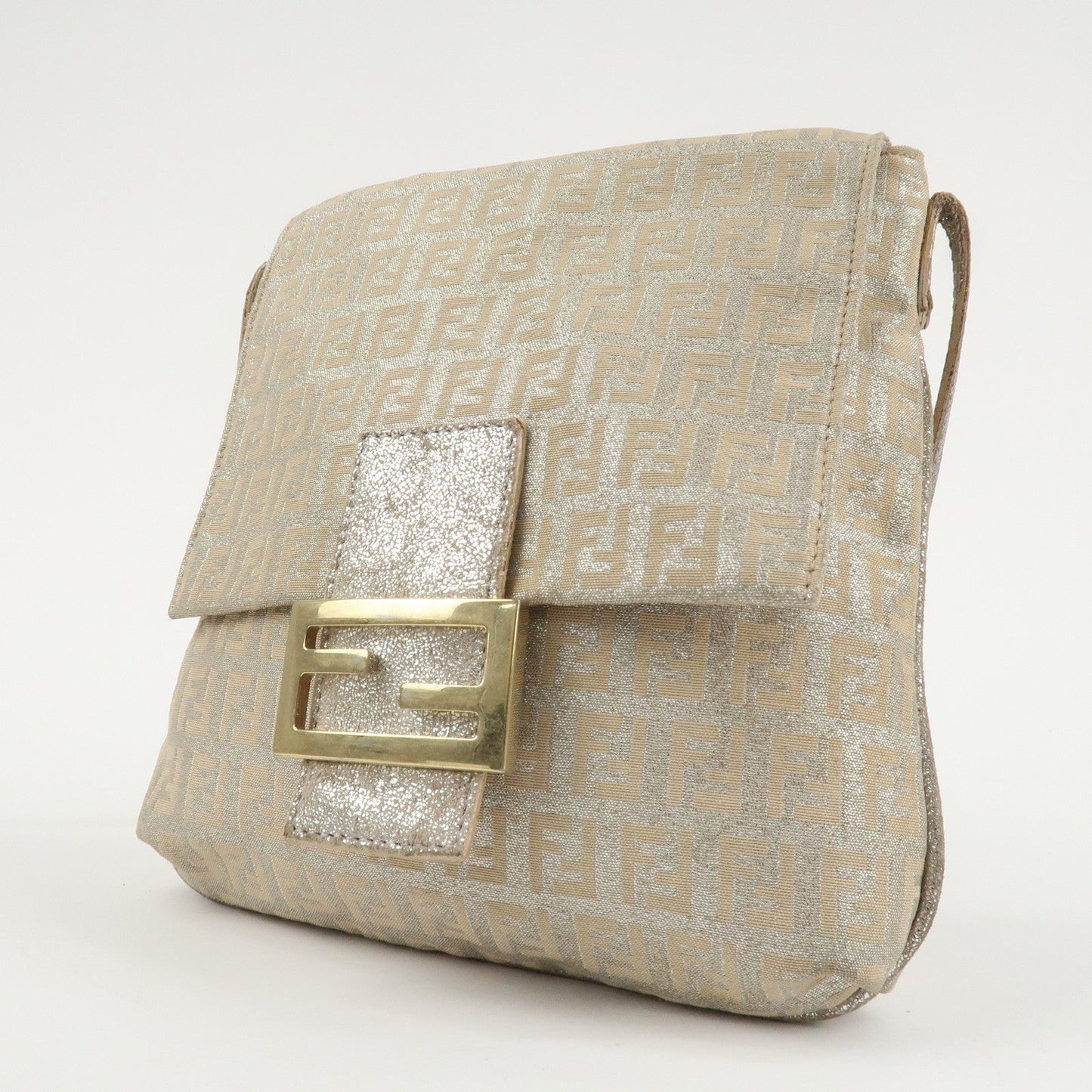 FENDI Zucchino Canvas Leather Shoulder Bag Silver Beige 8BT075