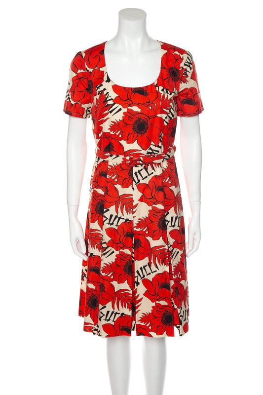 Gucci Red Floral & Gucci Print A-Line Dress SZ 40