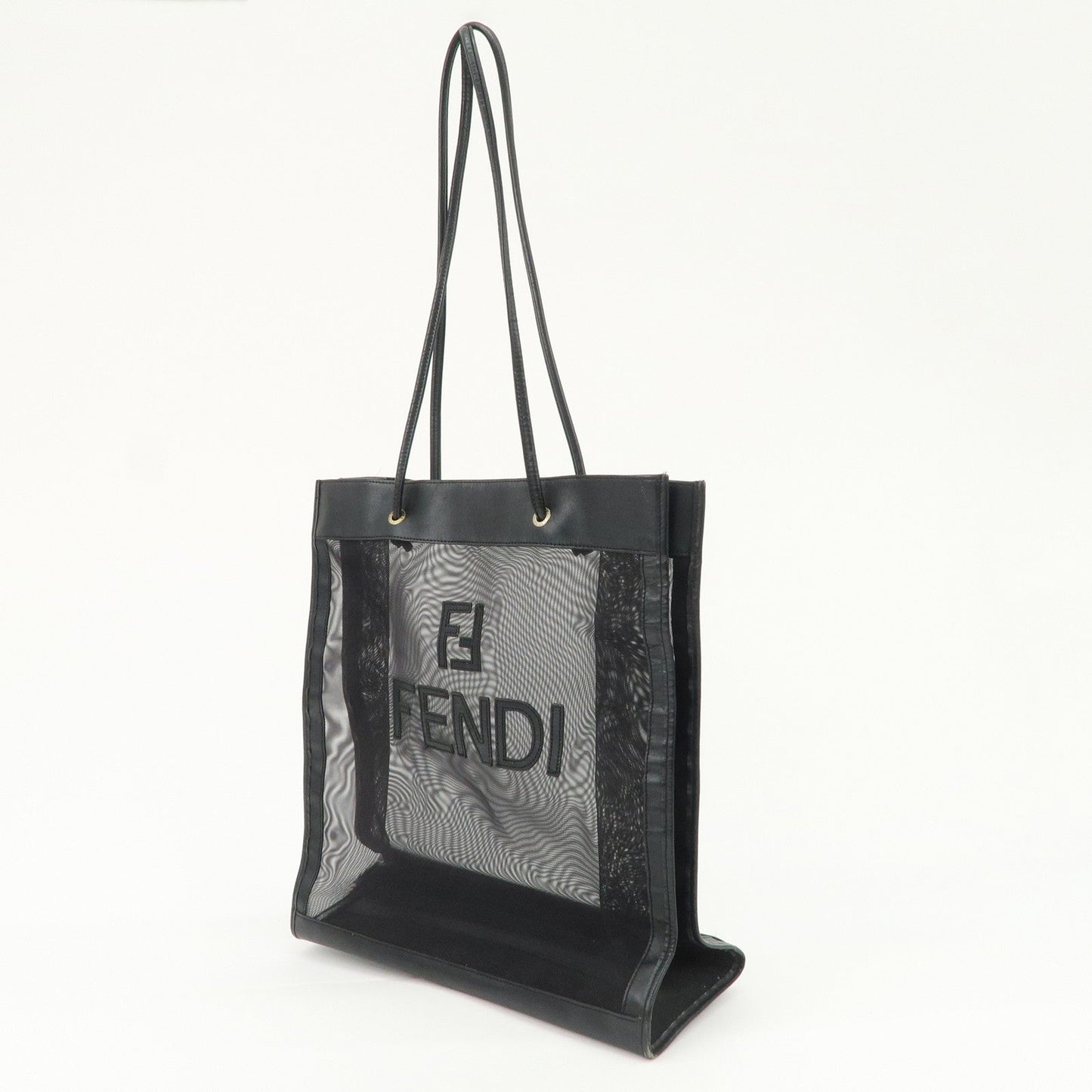FENDI Mesh Leather Tote Bag Shoulder Bag Black Gold Hardware 259647