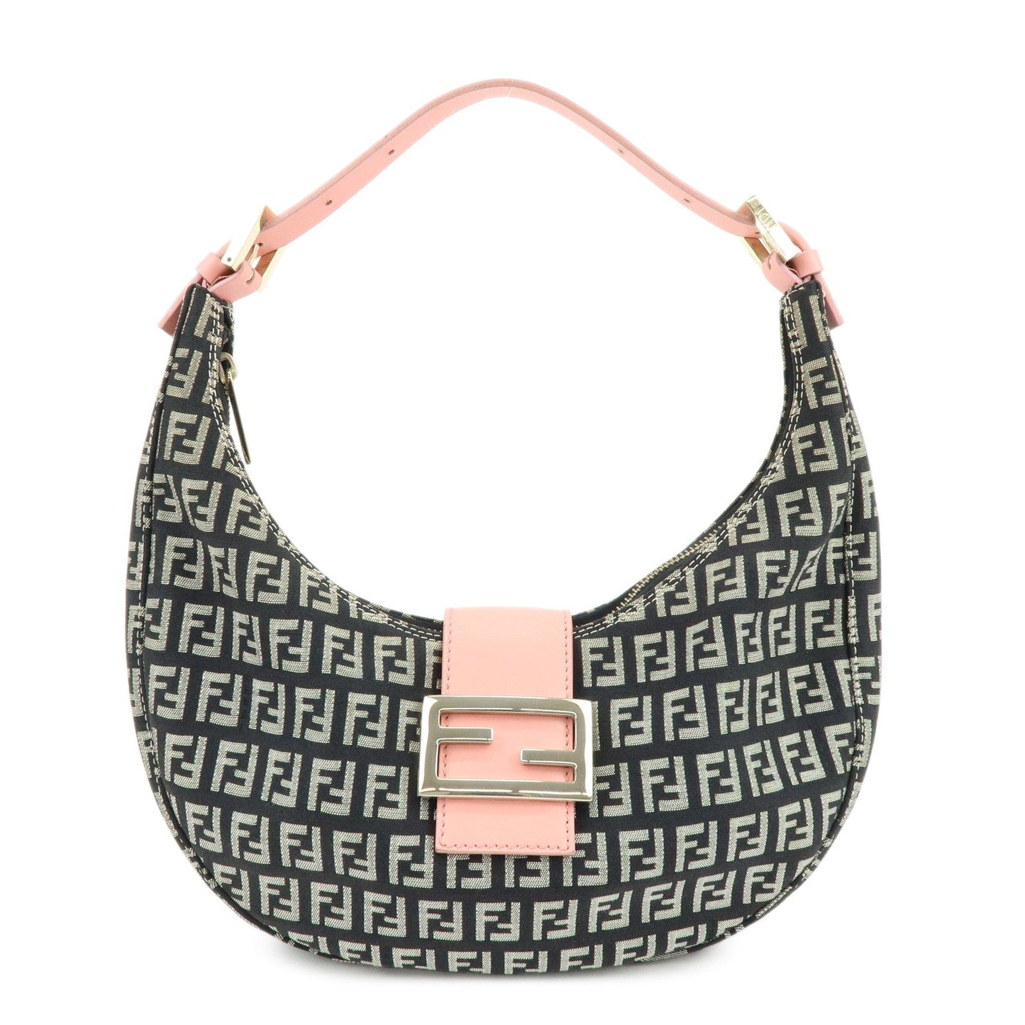FENDI Zucchino Canvas Leather Shoulder Bag Black Pink 8BR020