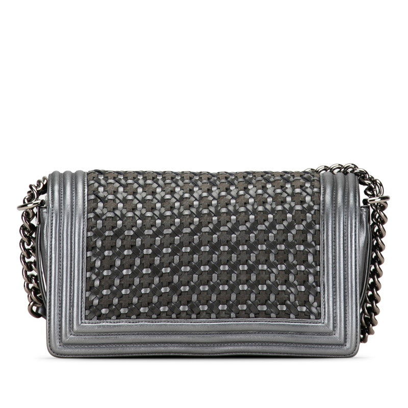 Chanel Boy Chanel 25 Chain Shoulder Bag Khaki Silver Leather CHANEL