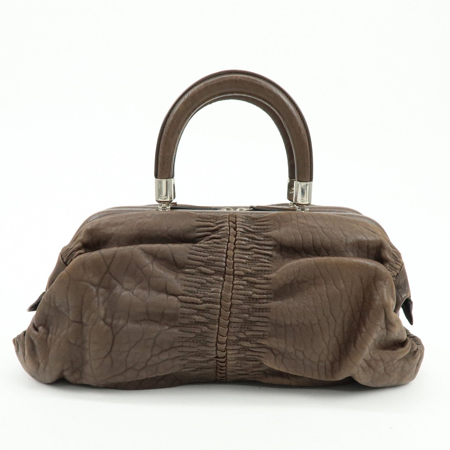 Christian Dior Embossed Gathered Leather Boston Bag Hand Bag Brown