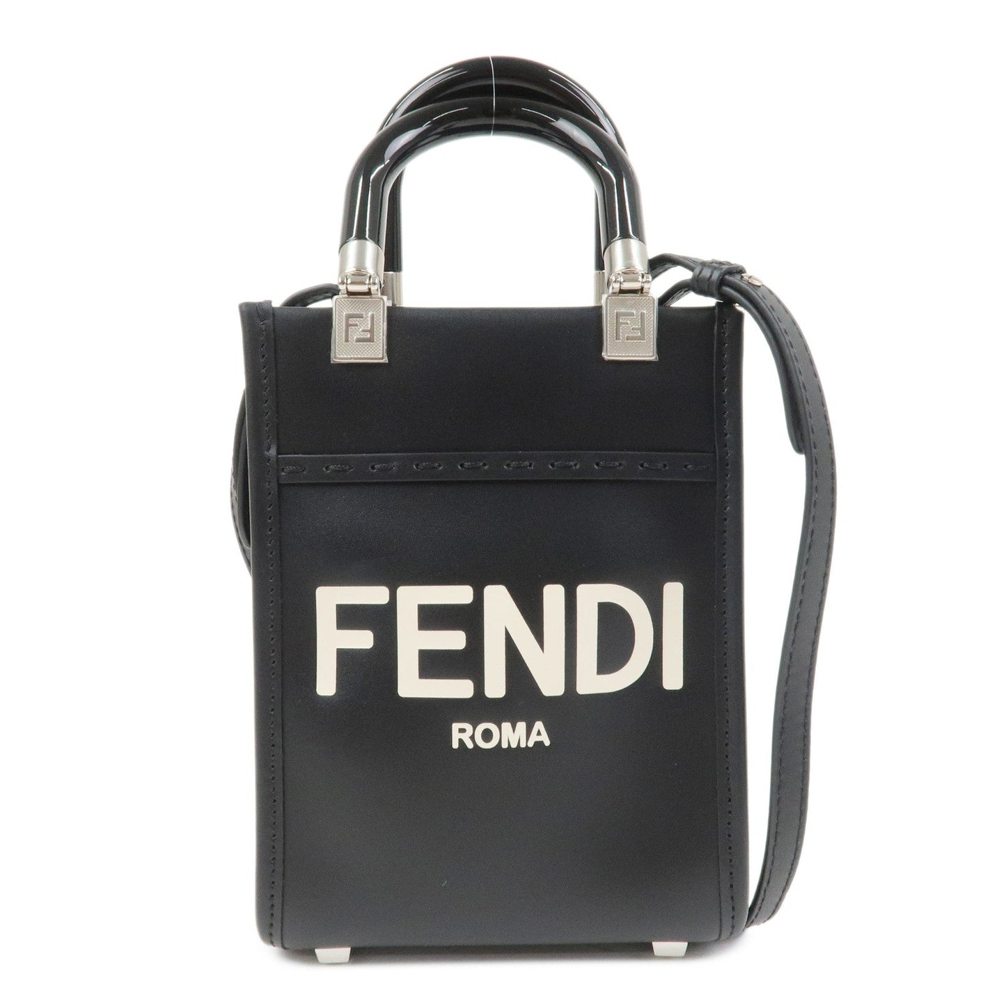 FENDI Leather Sunshine Shopper Small 2Way Bag Hand Bag Black 8BS051