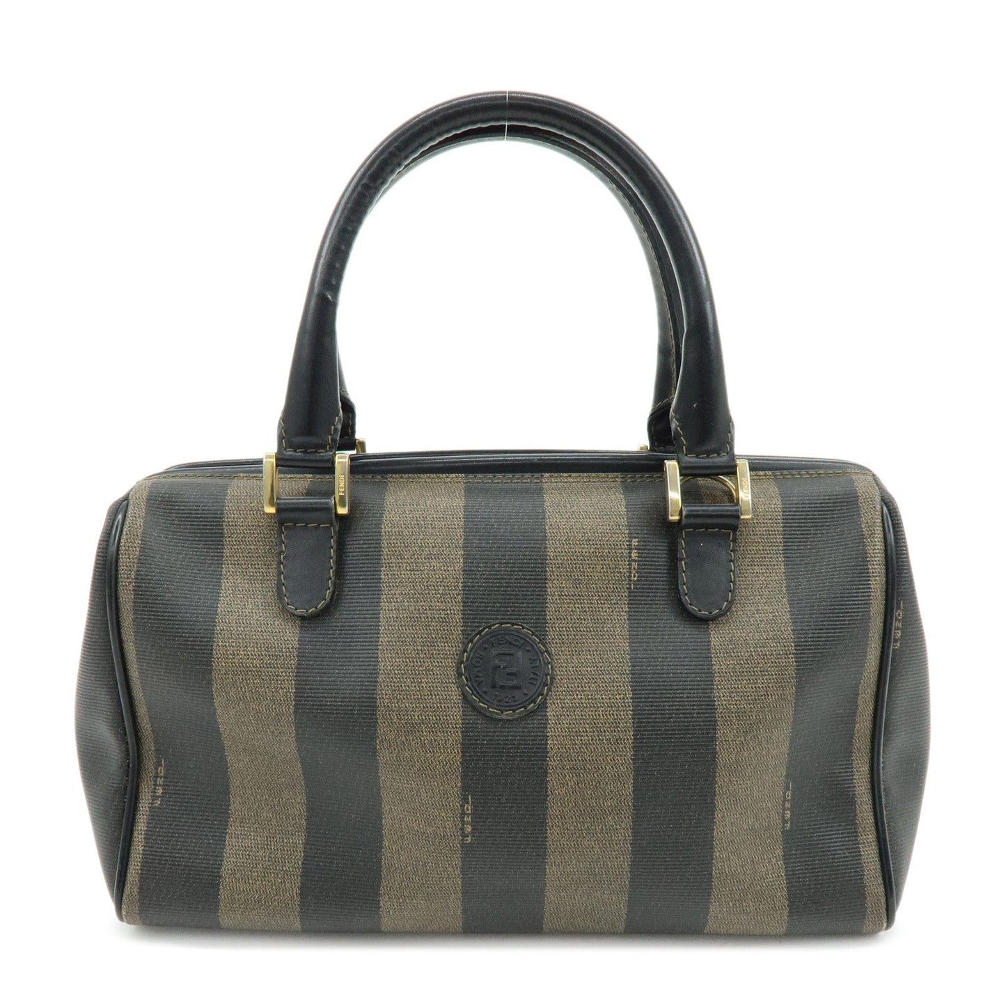 FENDI Pequin PVC Leather Boston Bag Hand Bag Black Brown