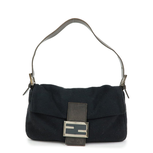 FENDI Mamma Baguette Wool Leather Shoulder Bag Hand Bag Black 26424