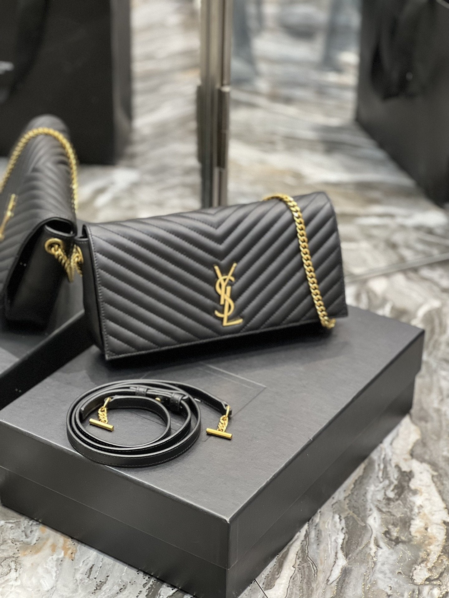 Yves Saint Laurent Kata Chain Bag Black With Gold Hardware.2in/