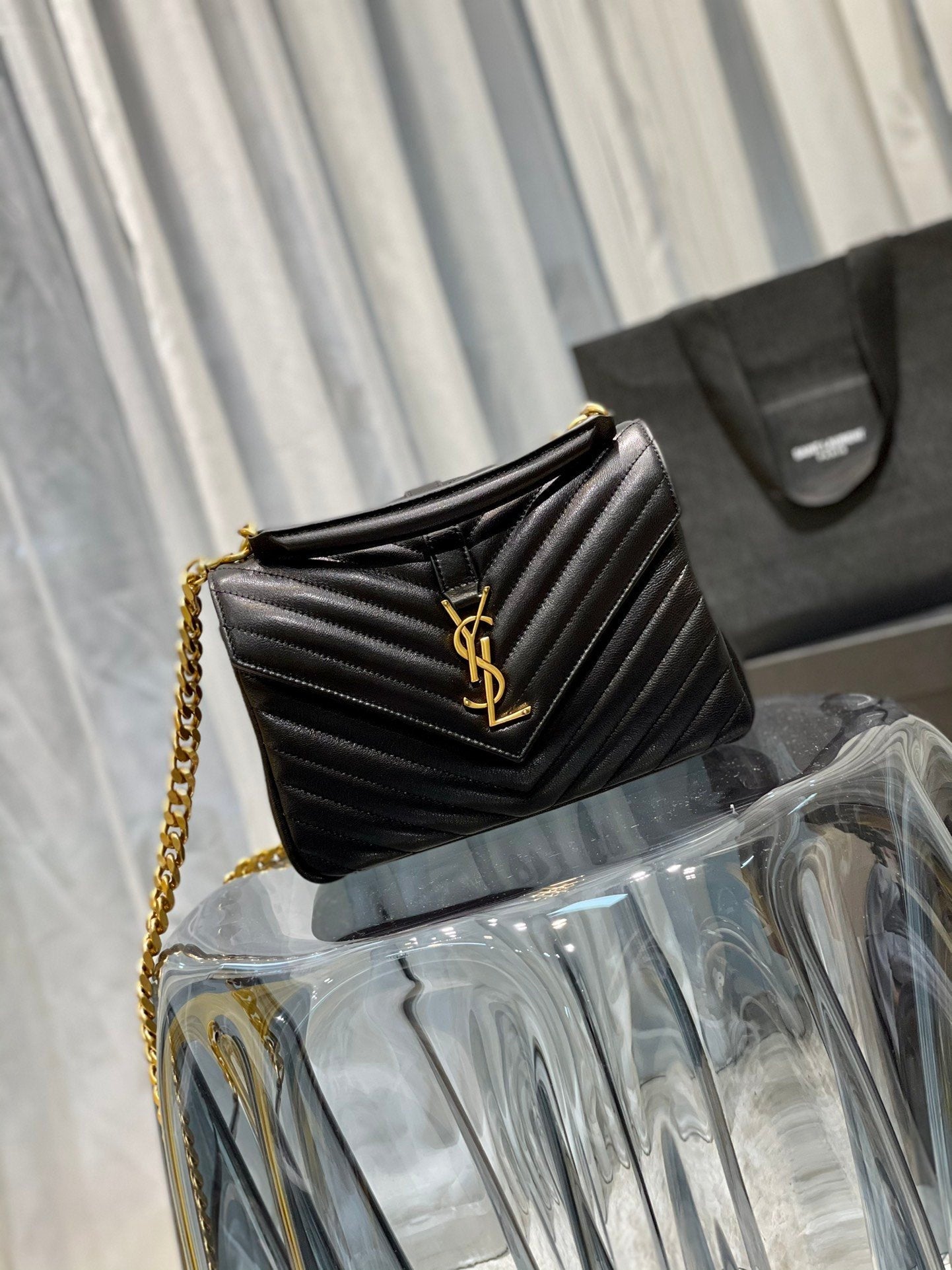 Yves Saint Laurent College Medium Chain Bag Black Gold Toned Hardware.4in/