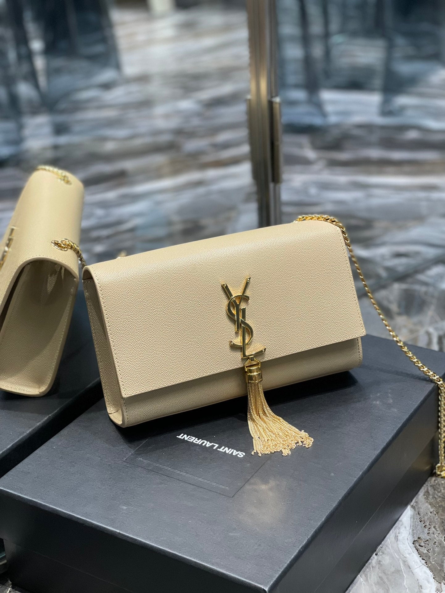 Yves Saint Laurent Kata Medium Chain Bag Beige With Tassel.4in/
