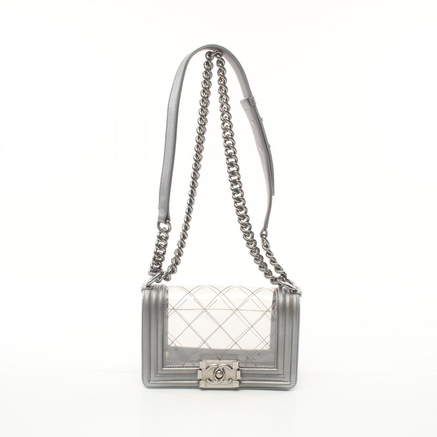 CHANEL Boy Chanel Shoulder Bag Vinyl Lambskin Women s Clear Silver