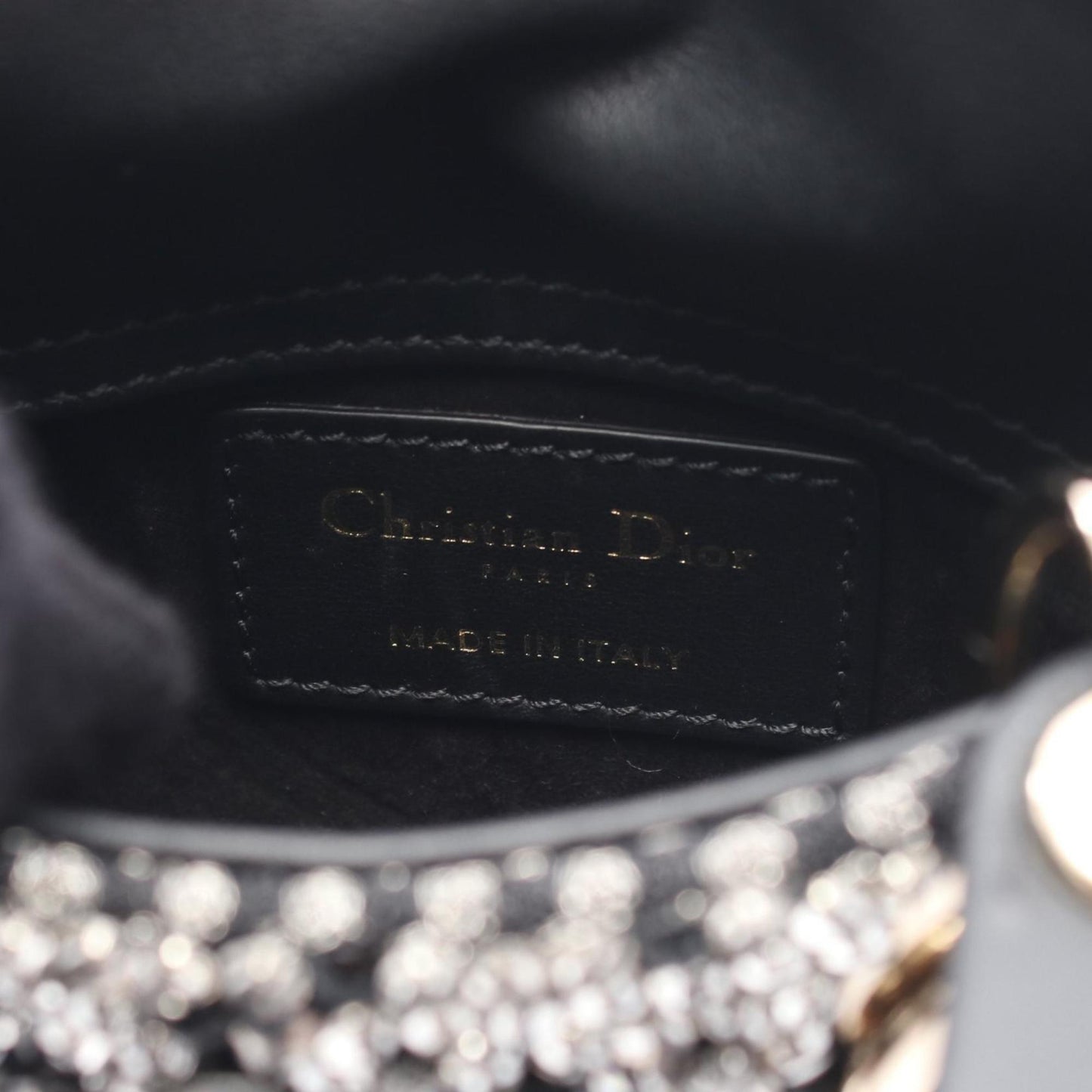 Christian Dior Lady Dior Black Clear Silver Leather Rhinestone Handbag  
