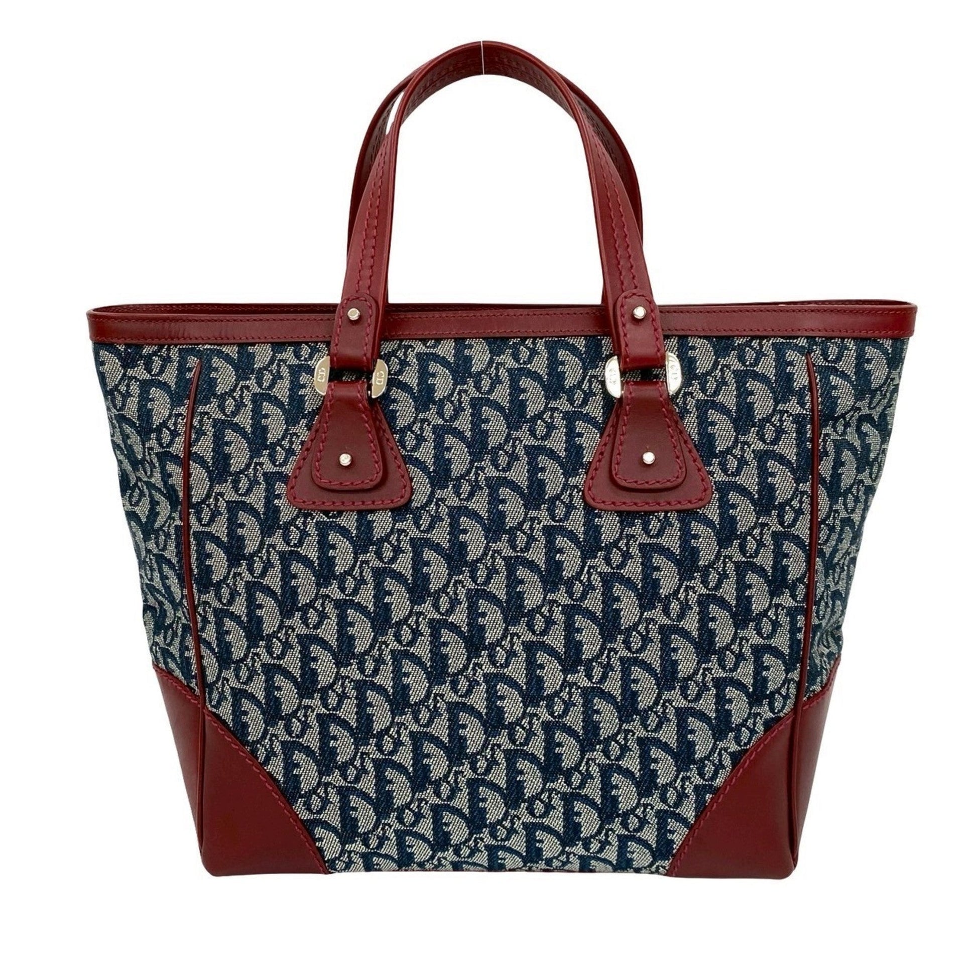 Christian Dior Navy Wine Canvas Leather Handbag Tote Bag  